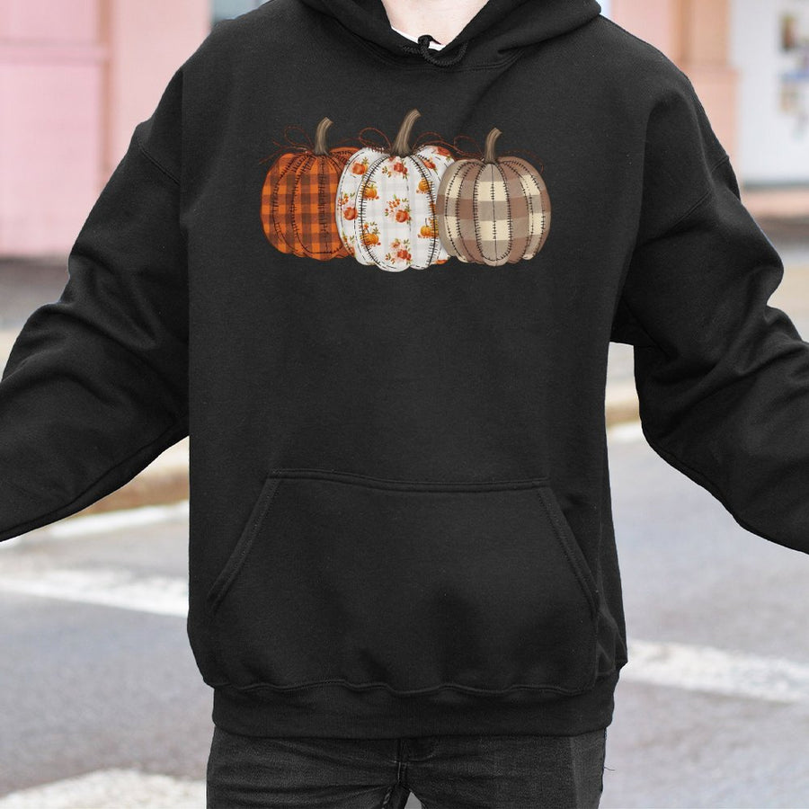 Fall Pumpkin Hoodie | Cozy Patchwork Plaid Floral Graphic | Soft Cotton-Blend Pullover | Autumn Thanksgiving Gift for Her