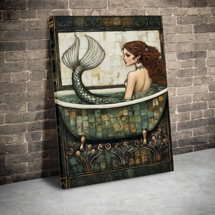 Mermaid Wall Art | Vintage Aesthetic Bathtub Portrait | Premium Gallery-Wrapped Canvas | Whimsical Nautical Home Decor Gift