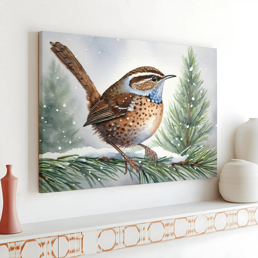 Winter Wren Canvas Wall Art | Watercolor Snowy Pine Branch Print | 1.25 Inch Gallery Wrap | Nature Home Decor Gift for Bird Lovers