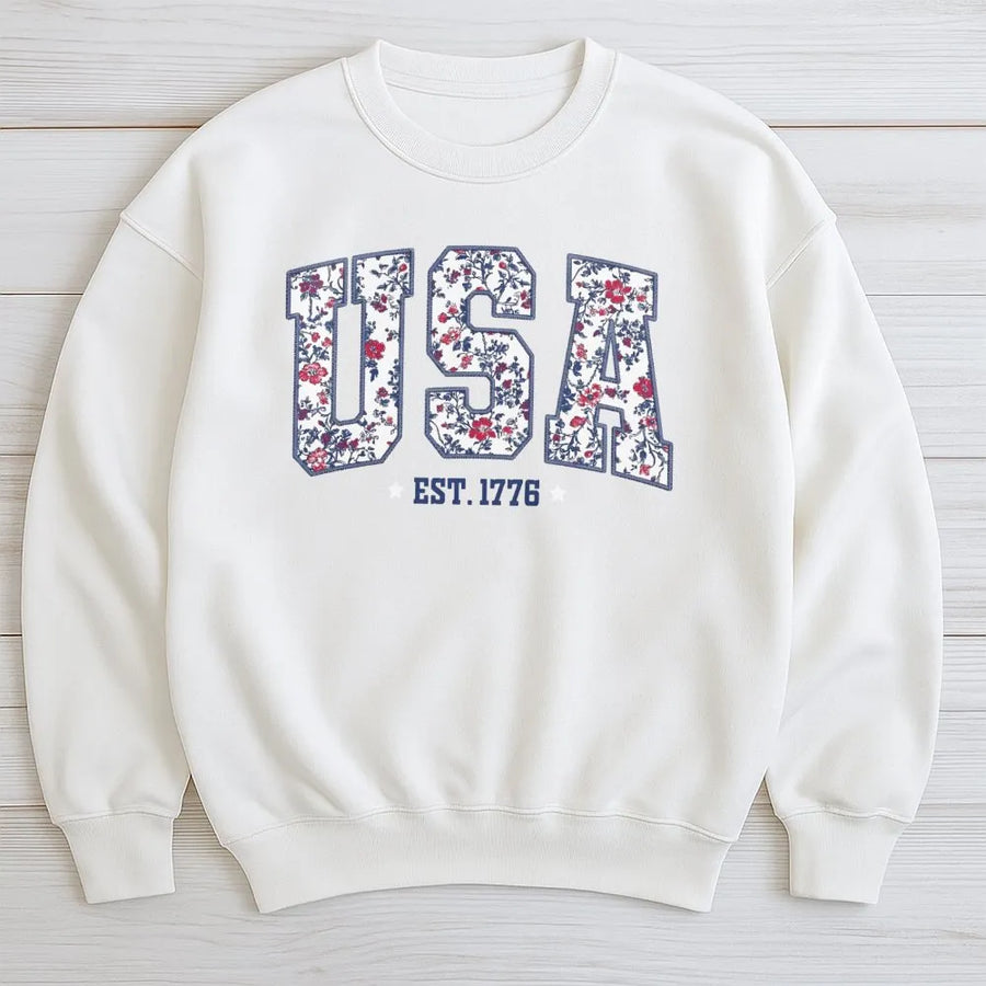 Patriotic USA Sweatshirt | Floral Est. 1776 Graphic Sweatshirt | Premium Cotton Blend | 4th of July Gift for Women