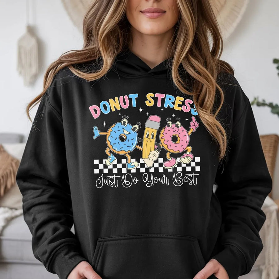 Donut Stress Teacher Hoodie | Funny Retro Testing Day Graphic | Cozy Unisex Pullover | State Exam Motivation Gift for Teachers