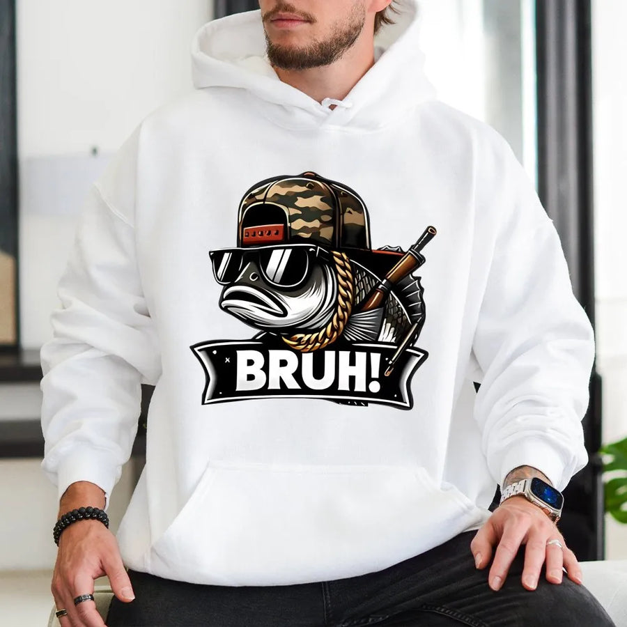 Funny Fishing Hoodie | Bruh Fish With Camo Hat Graphic | Premium Cotton Blend Streetwear | Unique Gift For Anglers & Fishermen