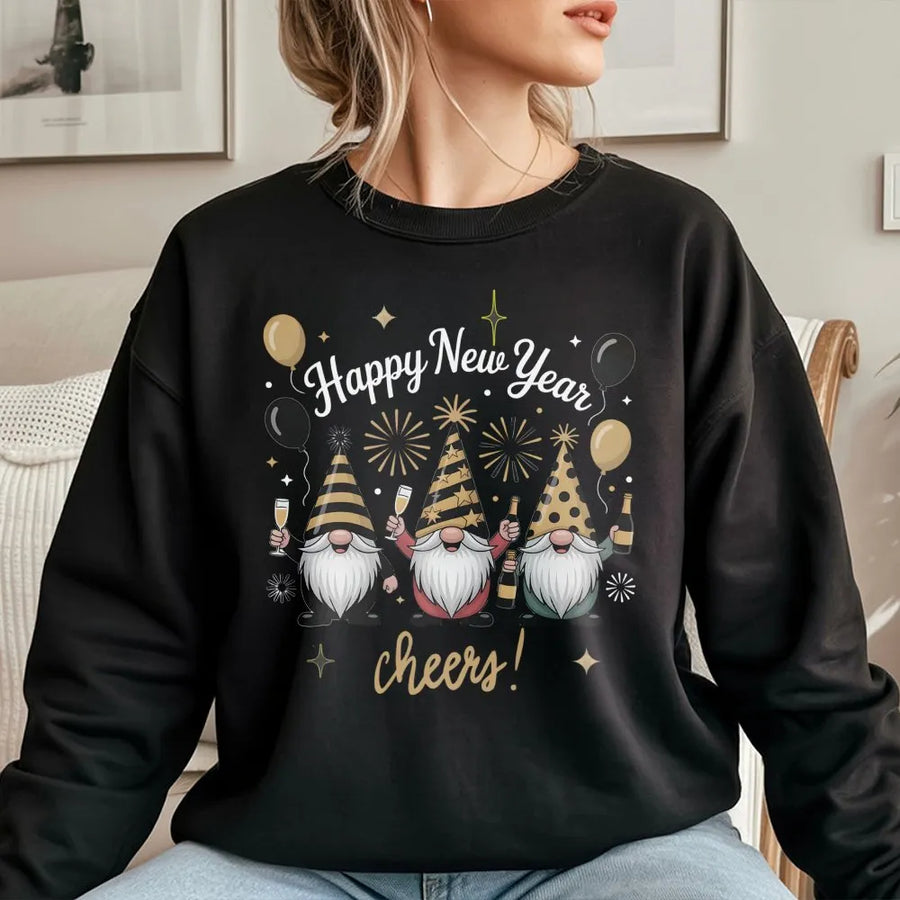 New Year Party Sweatshirt | Happy New Year Gnomes Graphic Design | Premium Cotton Blend Crewneck | Unisex Festive Holiday Gift for Adults