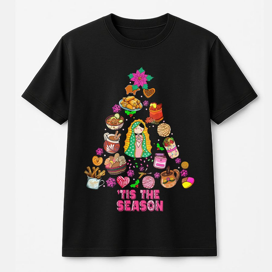 Our Lady of Guadalupe Christmas T-Shirt | Mexican Food Holiday Tree Design | Premium Cotton Graphic Tee | Hispanic Heritage Gift for Her