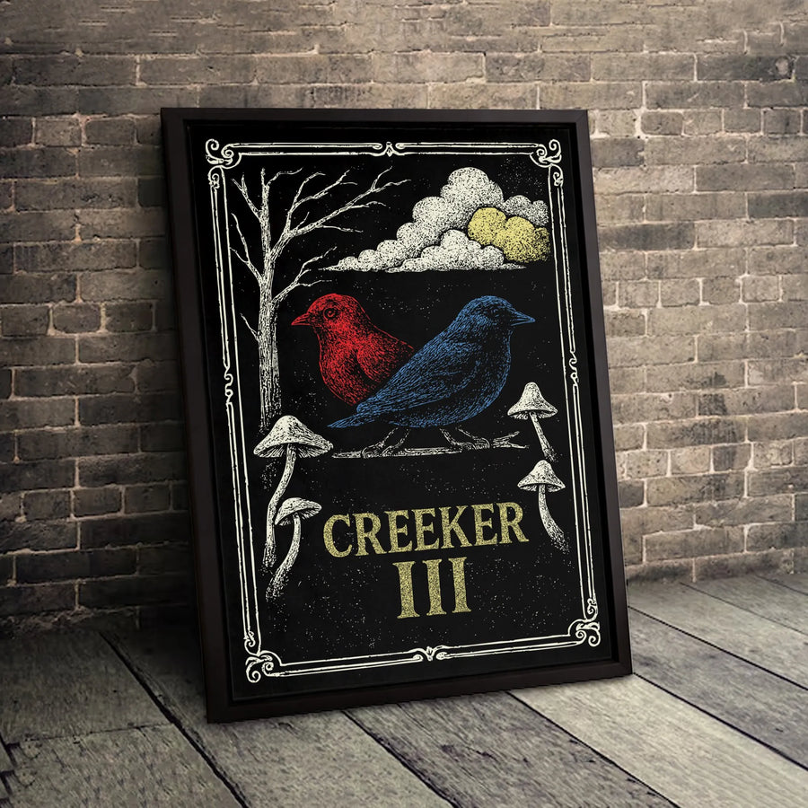Creeker III Folk Art Canvas Print | Whimsical Red and Blue Bird Illustration | Gallery-Quality 1.25-inch Profile | Nature Lover Home Decor Gift