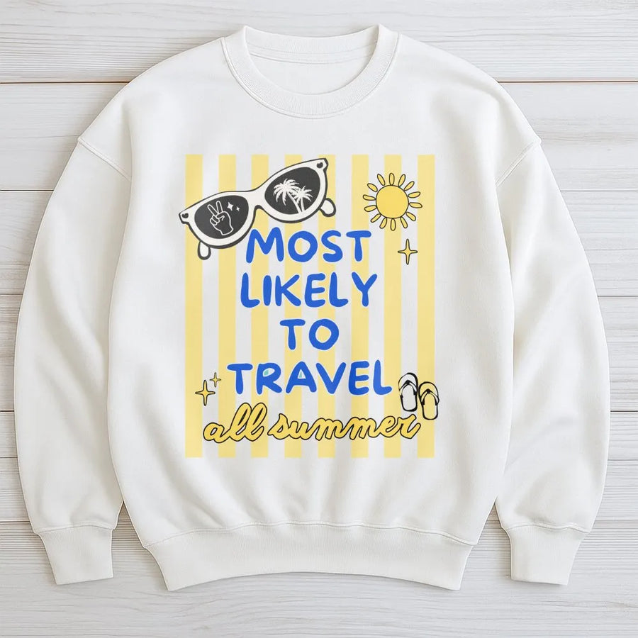 Most Likely To Travel Sweatshirt | Retro Summer Vacation Graphic | Cozy Cotton Blend Crewneck | Funny Family Trip Gift for Her