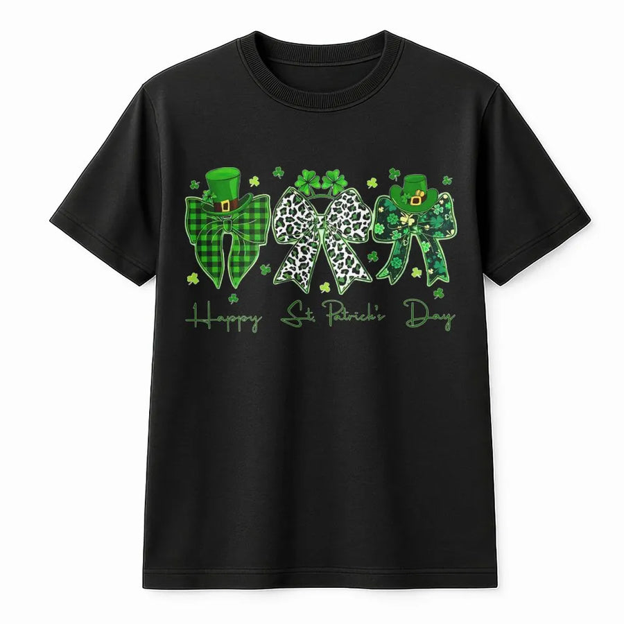St. Patrick's Day Coquette Bow T-Shirt | Trendy Shamrock Clover Graphic | 100% Cotton Premium Comfort | Lucky Irish Gift for Women and Girls