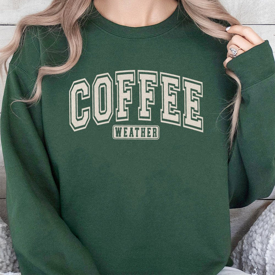 Coffee Weather Sweatshirt | Varsity Lettering Graphic Print | Soft Cotton-Polyester Blend | Trendy Fall Coffee Lover Gift For Her
