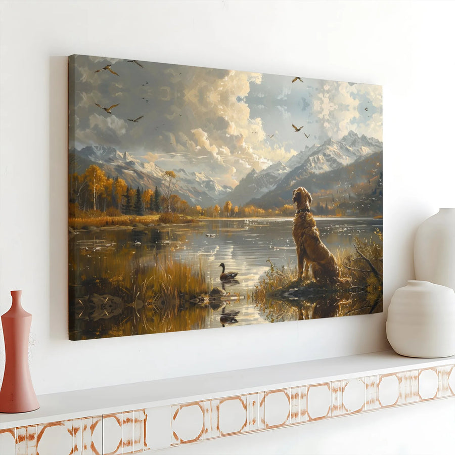 Golden Retriever Canvas Wall Art | Mountain Lake Hunting Scene | Premium Gallery Wrap Print | Nature & Dog Lover Home Decor Gift