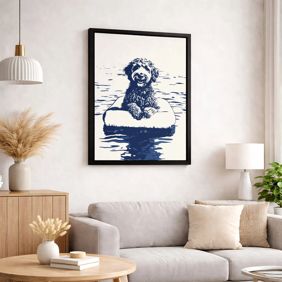 Doodle Dog Canvas Wall Art | Summer Pool Float Illustration | Premium 1.25-Inch Gallery Wrap | Gift For Goldendoodle Labradoodle Lovers