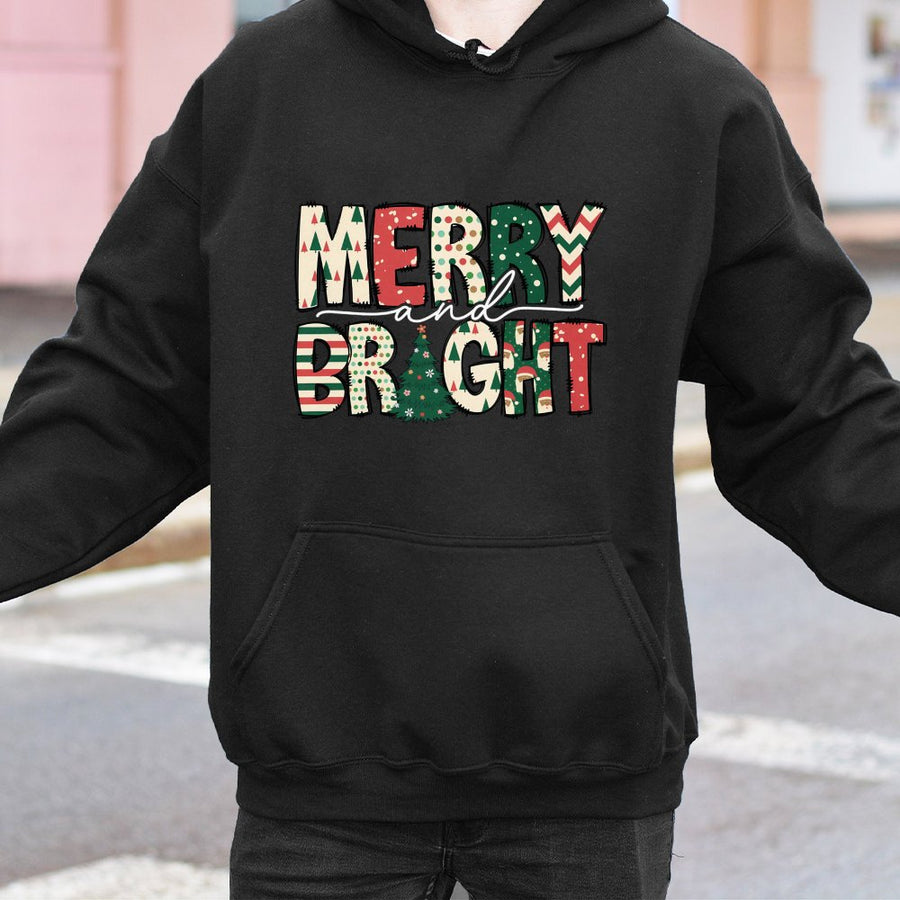 Merry And Bright Hoodie | Festive Christmas Holiday Pattern Graphic | Soft Cotton-Polyester Blend | Cozy Unisex Christmas Gift for Women and Men
