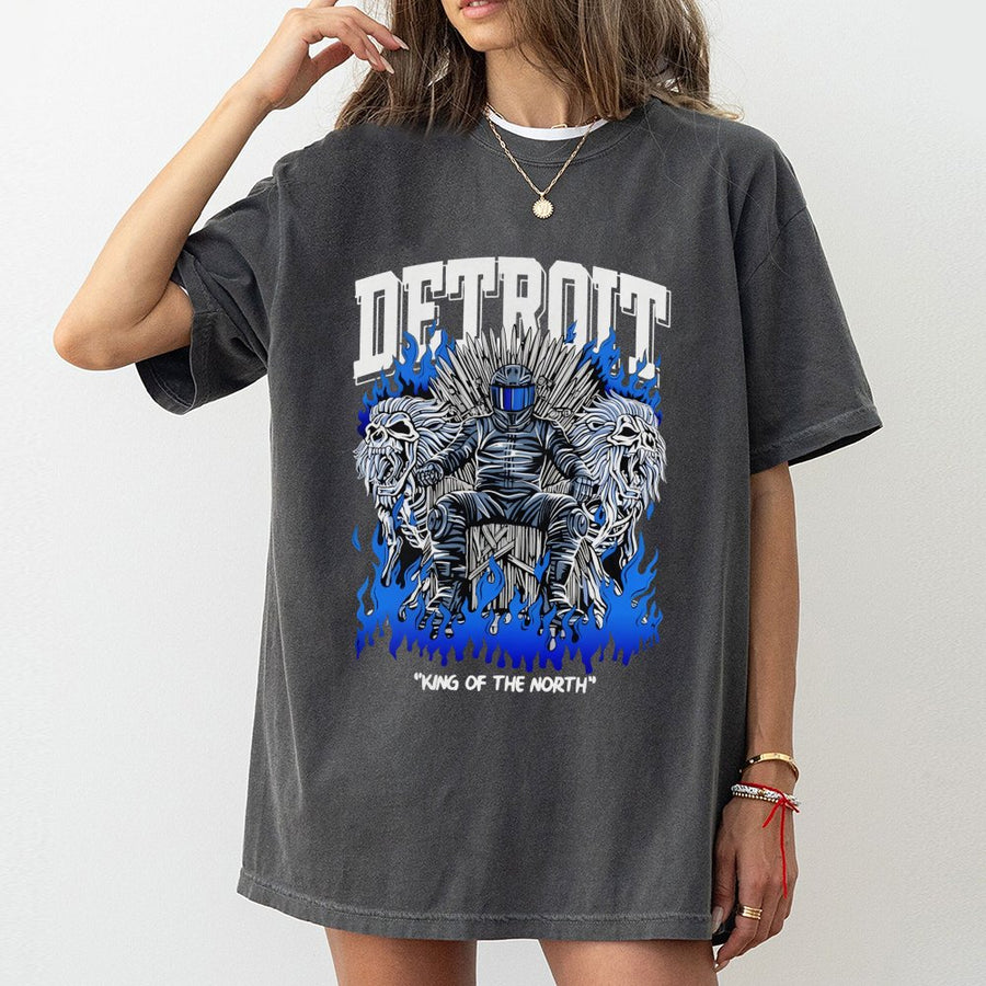 Detroit T-Shirt, King Of The North Graphic , Urban Streetwear T-Shirt, Blue Flame Lion Fantasy Design, Unisex Oversized