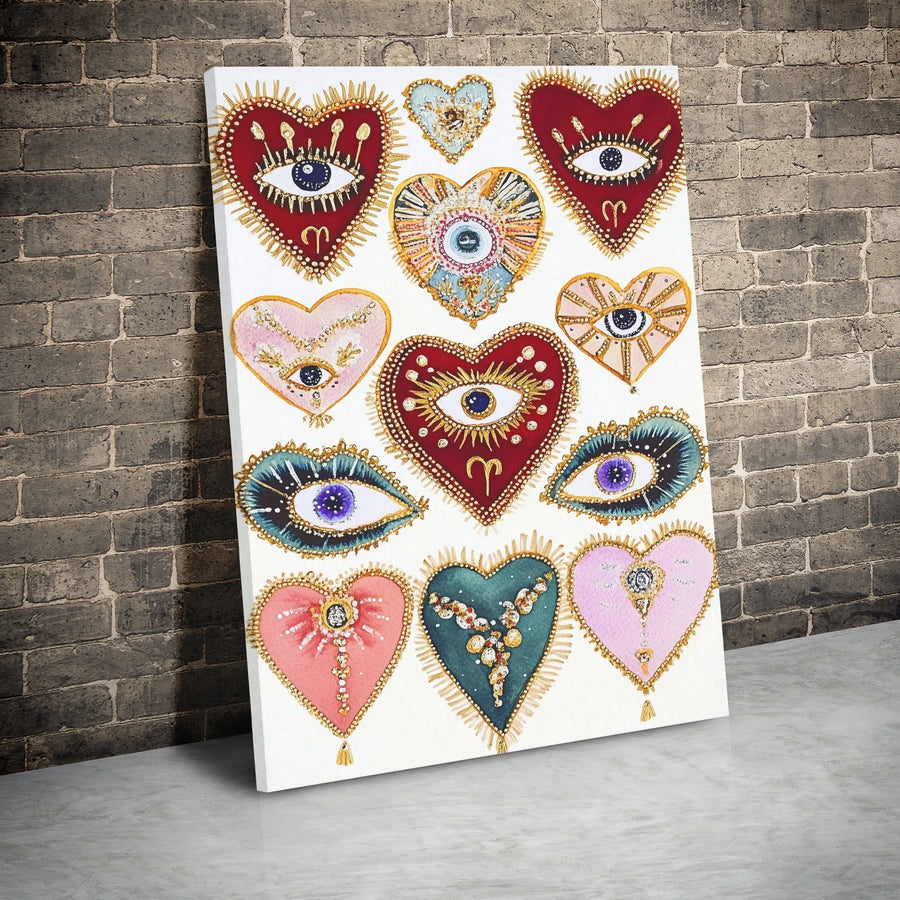 Boho Evil Eye Heart Wall Art | Mystical Aries Zodiac Decor | Premium Gallery Wrap Canvas | Unique Spiritual Home Gift for Her