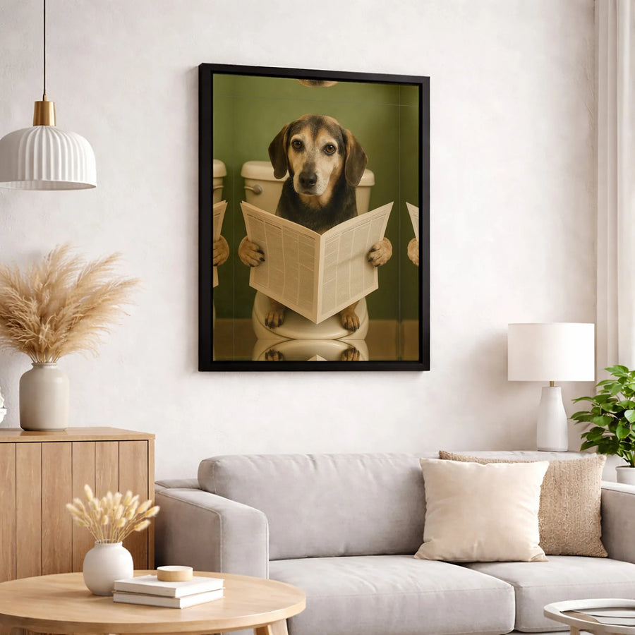 Funny Dog On Toilet Canvas Print | Quirky Bathroom Wall Art | Premium Fade-Resistant Gallery Wrap | Whimsical Gift For Dog Lovers