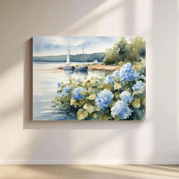 Watercolor Sailboat Wall Art | Coastal Blue Hydrangea Lakeside Landscape | Premium Gallery Wrapped Canvas | Serene Nautical Home Decor Gift