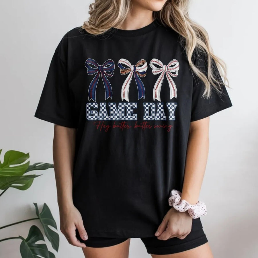 Baseball Game Day T-Shirt | Coquette Bows & Checkered Text | 100% Soft Cotton | Trendy Baseball Mom Gift for Softball Fans