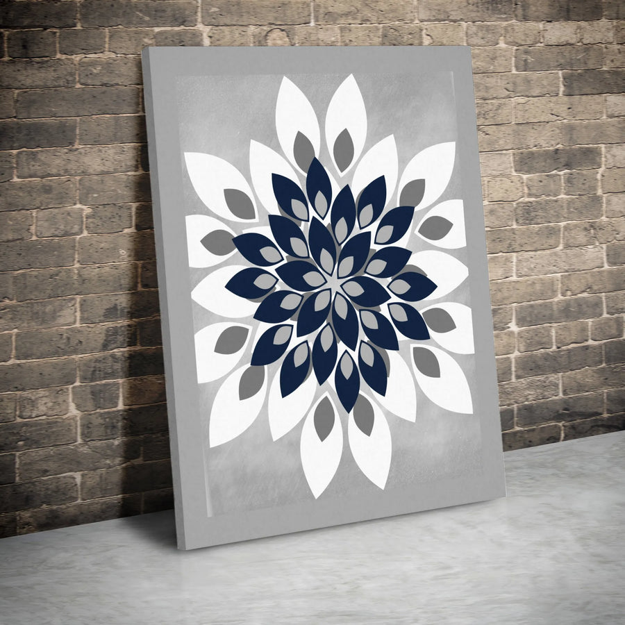 Geometric Mandala Wall Art | Modern Navy Blue Grey Floral Canvas | 1.25 Inch Gallery Wrap | Premium Home Decor Print