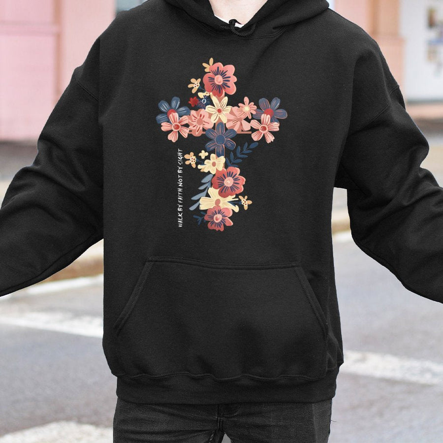 Walk By Faith Not By Sight Hoodie | Floral Cross Religious Graphic | Premium Cotton Blend | Christian Gift for Women and Men