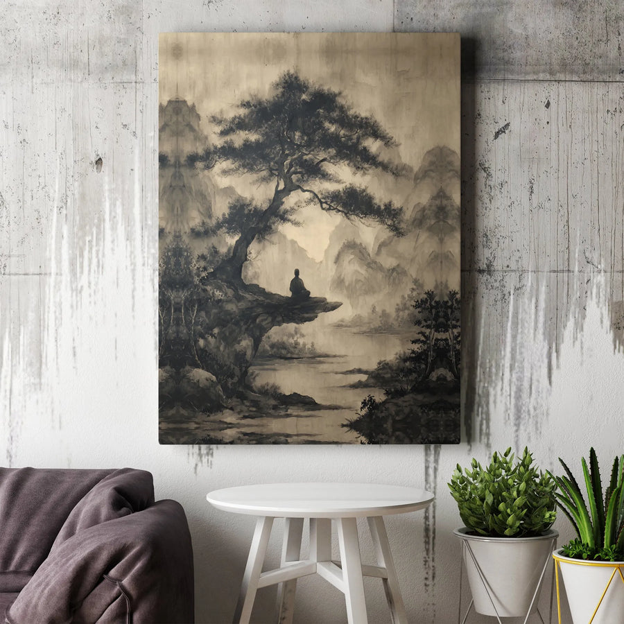 Zen Meditation Canvas Wall Art | Vintage Japanese Ink Wash Landscape | Premium Gallery Quality Print | Spiritual Home Decor Gift for Yoga Lover