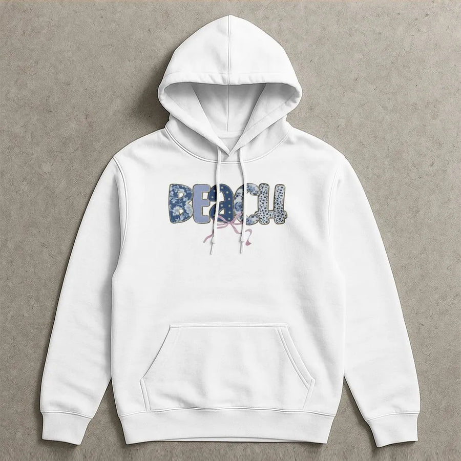 Beach Graphic Hoodie | Floral Boho Lettering & Bow Detail | Soft Cotton-Poly Blend | Cute Coastal Summer Vacation Gift for Her