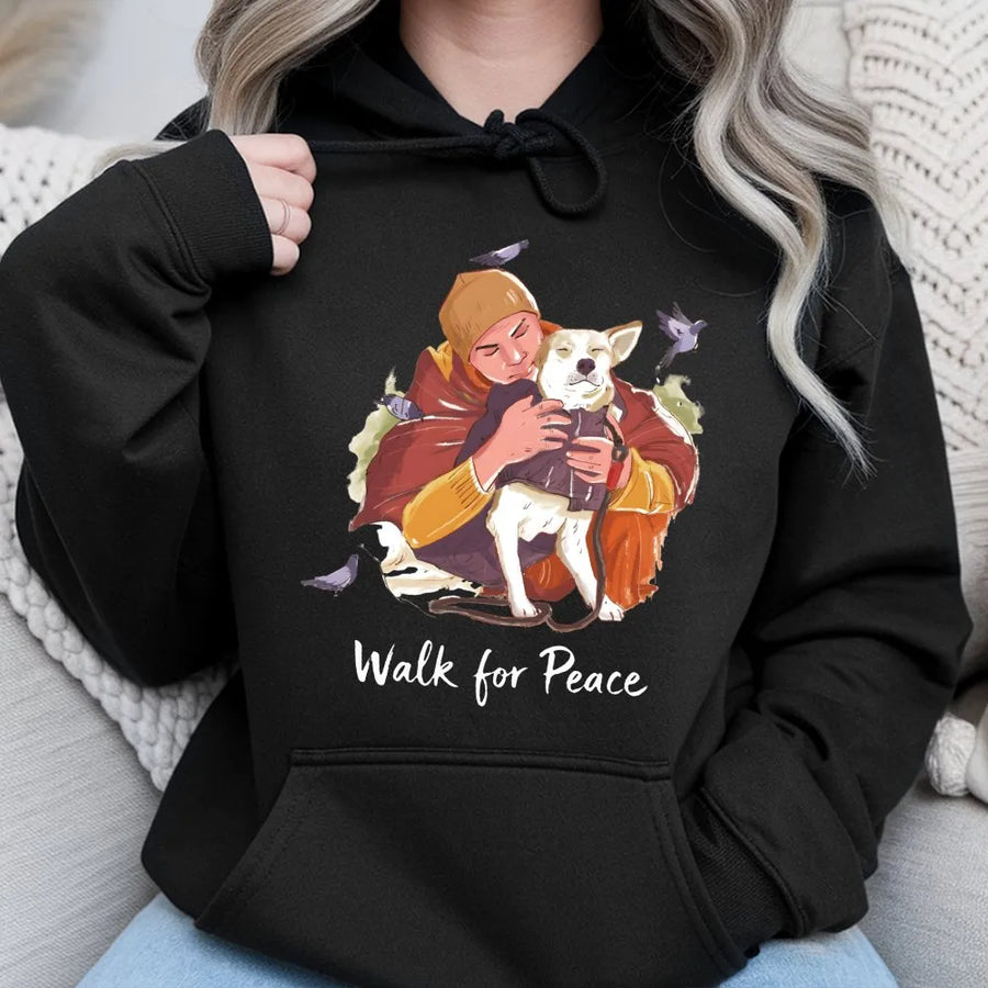 Walk for Peace Hoodie | Zen Monk and Dog Graphic | Premium Cotton Blend Unisex Sweatshirt | Minimalist Spiritual Gift for Dog Lovers