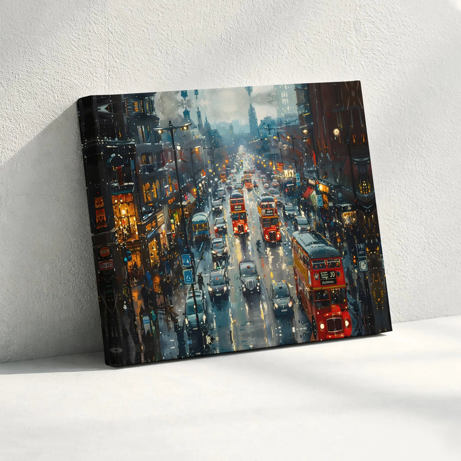 Rainy London Cityscape Wall Art | Impressionist Urban Painting with Red Buses | Premium Canvas Print | Living Room & Office Decor Gift