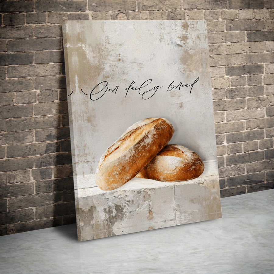Our Daily Bread Canvas Print | Lords Prayer Scripture Wall Art with Rustic Bread | Gallery-Quality Canvas | Christian Farmhouse Kitchen Decor