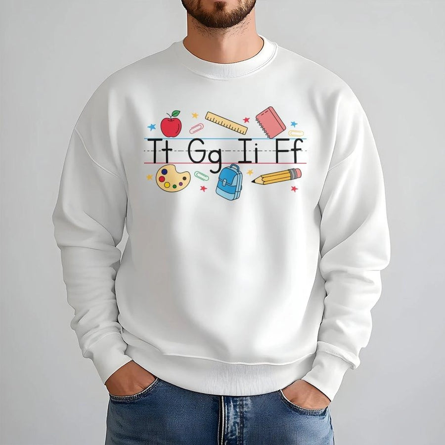 Teacher Sweatshirt Back To School | Alphabet School Supplies Graphic Print | Premium Cotton Blend | Gift For Elementary Teacher Educators