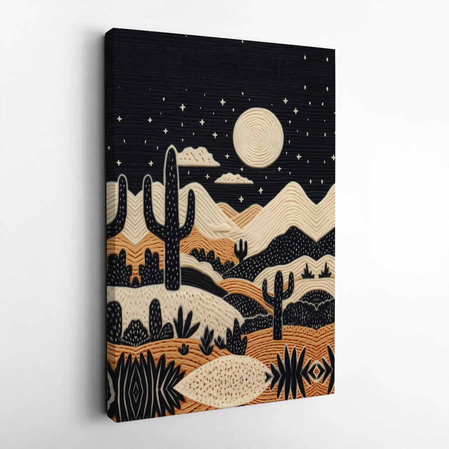 Boho Desert Canvas Wall Art | Night Cactus Landscape with Moon | Premium Textured Gallery Print | Modern Southwest Home Decor Gift