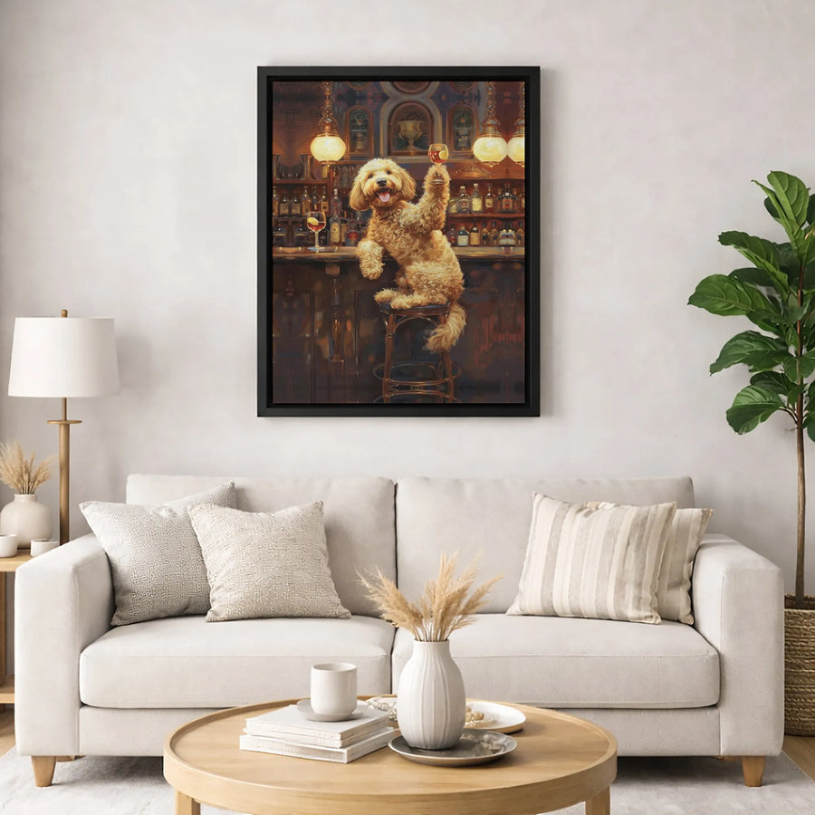 Goldendoodle Dog Canvas Art | Funny Pub Toast Bar Decor | Premium Gallery Wrap Print | Whimsical Pet Lover Gift for Home or Man Cave