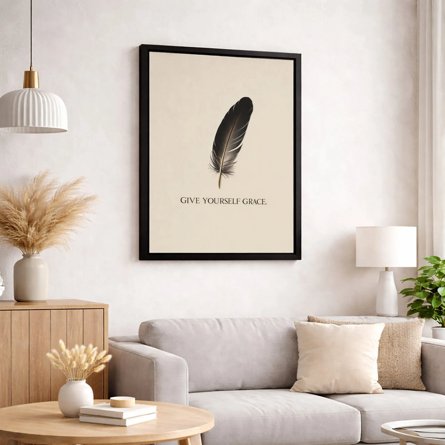 Give Yourself Grace Wall Art | Minimalist Feather Print | Premium 1.25-Inch Gallery Wrapped Canvas | Motivational Home Decor Gift