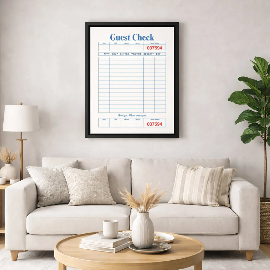 Guest Check Canvas Art | Retro Restaurant Bill Print | 1.25 Inch Premium Gallery Wrap | Kitchen Decor & Unique Gift For Foodies