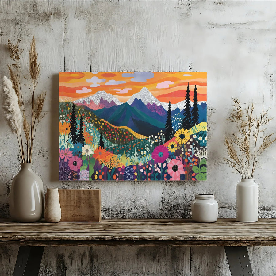 Mountain Wildflower Canvas Art | Colorful Folk Art Landscape Print | Premium Gallery Wrapped Wall Decor | Gift for Nature Lover