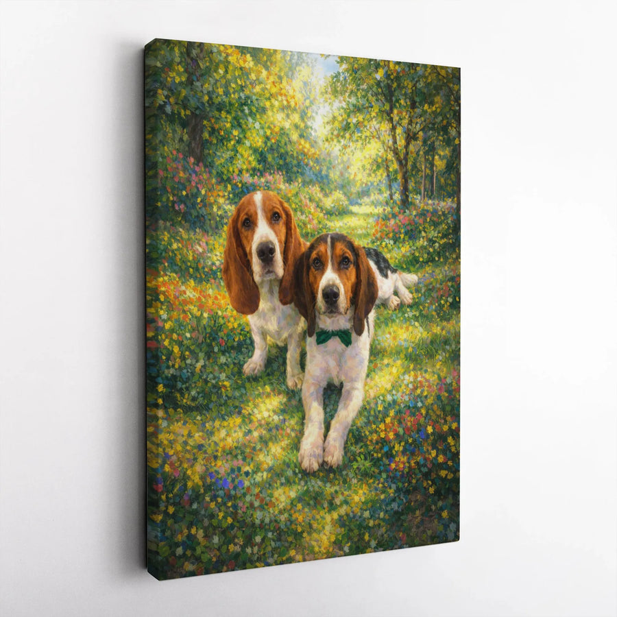 Basset Hound Canvas Wall Art | Impressionist Dog Portrait in Flower Meadow | Premium Gallery Wrap Canvas | Gift for Dog Owner