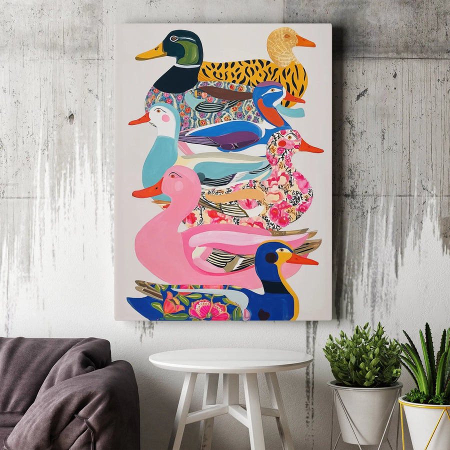Stacked Ducks Wall Art | Colorful Floral Animal Print Canvas | Premium Gallery Wrap Decor | Quirky Farmhouse Nature Gift