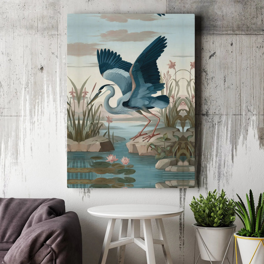Great Blue Heron Canvas Wall Art | Vintage Audubon Style Bird Print | Premium Gallery Wrapped Canvas | Nature Lover Home Decor Gift