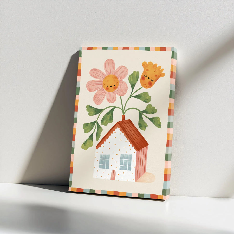 Whimsical House Canvas Print | Smiling Floral Folk Art Illustration | Premium Gallery Wrap Wall Decor | Cute Aesthetic Nursery Room Art Gift