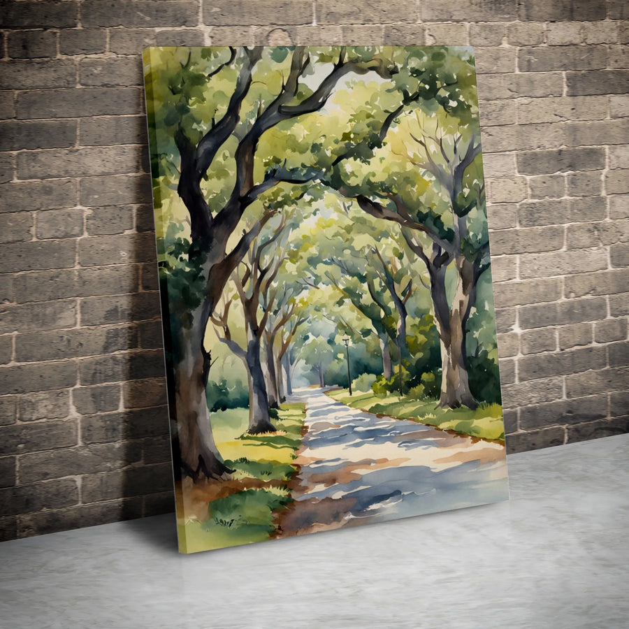 Sunlit Oak Tree Path Canvas Print | Watercolor Forest Avenue Wall Art | 1.25 Inch Premium Gallery Wrap | Nature-Inspired Home Decor Gift