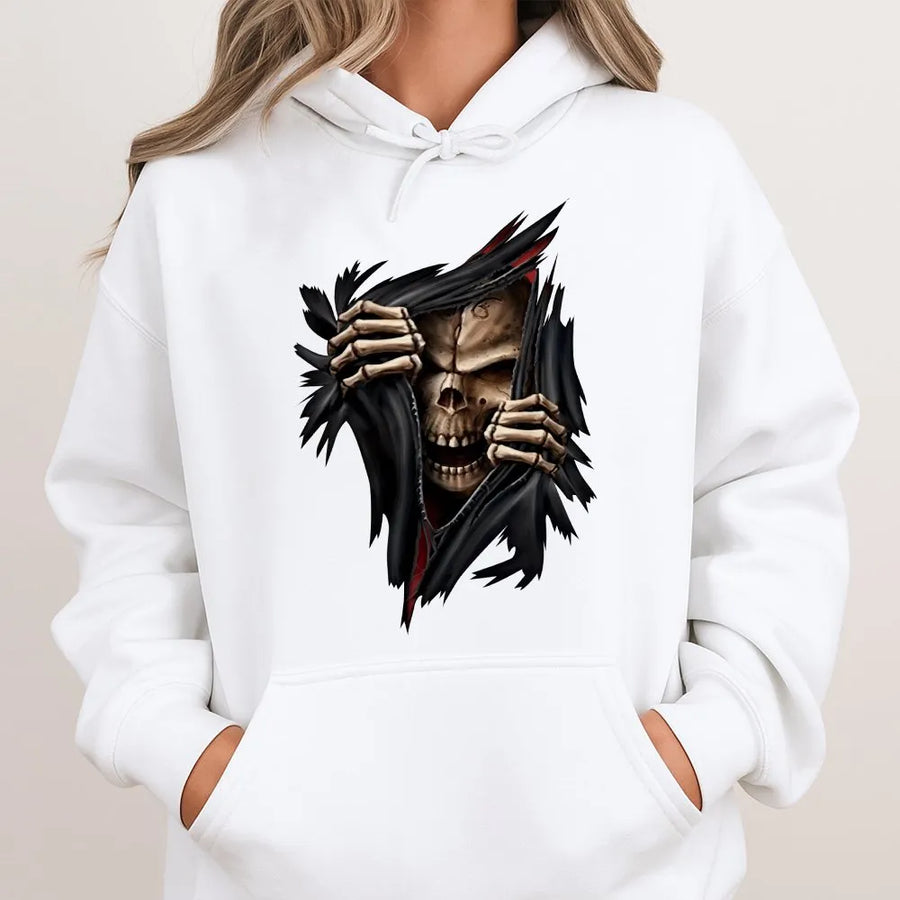 Skeleton Skull Hoodie | 3D Ripped Fabric Illusion Graphic | Cotton-Polyester Blend | Edgy Streetwear Gift For Horror And Gothic Fans
