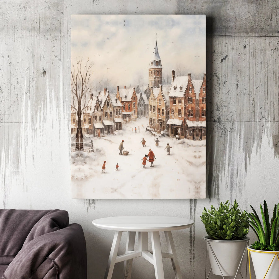 Winter Village Canvas Wall Art | Snowy European Town Watercolor Print | Gallery Wrapped Premium Decor | Cozy Holiday Home Gift
