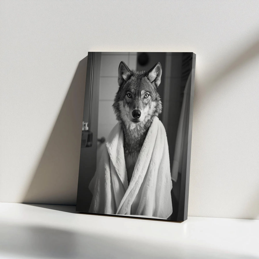 Wolf in Bathrobe Canvas Print | Whimsical Bathroom Wall Art | Premium Gallery Wrap Decor | Funny Animal Portrait for Home Office
