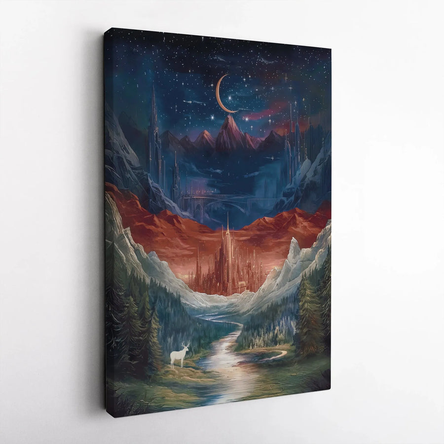 Fantasy Landscape Wall Art | Surreal White Stag Futuristic City Canvas | Premium Fade-Resistant Decor | Gothic Forest Home Gift