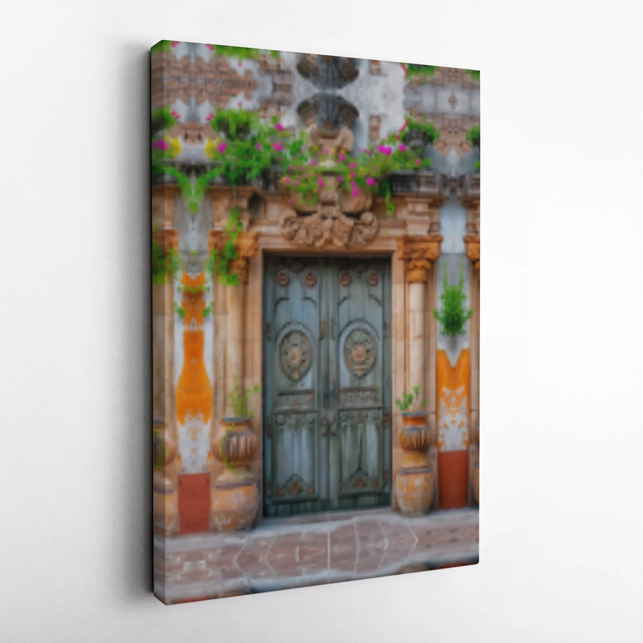 Mediterranean Door Wall Art | Ornate Antique Blue Double Door with Flowers | Gallery Wrap Canvas | Rustic Home Decor Gift