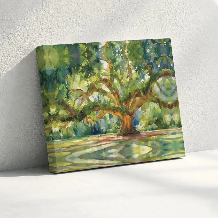 Watercolor Oak Tree Landscape Horizontal Canvas | Southern Moss Live Oak Nature Painting Print | Premium 1.25 Inch Thick Frameless Gallery Wrap | Calming Living Room Wall Decor Gift