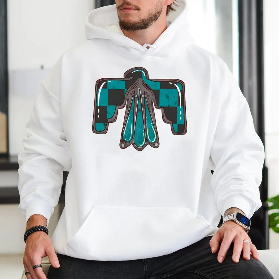 Checkered Thunderbird Hoodie | Western Turquoise Bird Graphic | Premium Cotton Blend | Gift For Cowgirl And Western Style Lovers