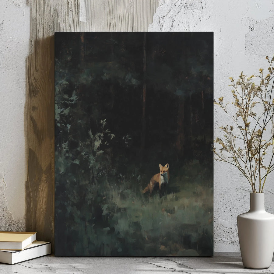 Moody Forest Fox Canvas Wall Art | Dark Botanical Landscape Painting | Premium Gallery Wrapped Decor | Nature Lover Living Room Gift