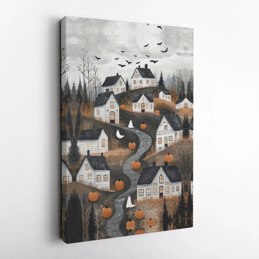 Halloween Village Canvas Art | Spooky Ghost and Pumpkin Town Wall Decor | Gallery Quality 1.25" Thick Print | Autumn Seasonal Home Gift