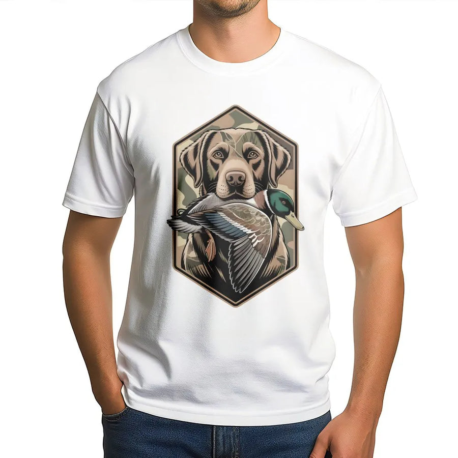 Duck Hunting Dog T-Shirt | Labrador Retriever With Mallard Duck Graphic | Premium 100% Cotton Tee | Gift for Hunters and Outdoor Enthusiasts