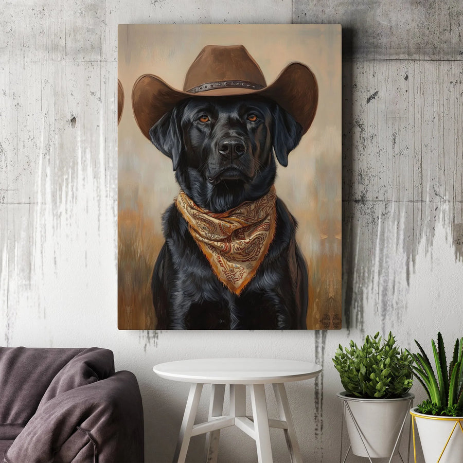 Black Labrador Cowboy Canvas Print | Western Dog Portrait with Hat | Premium Gallery Wrapped Art | Gift for Dog Lover & Rustic Home Decor