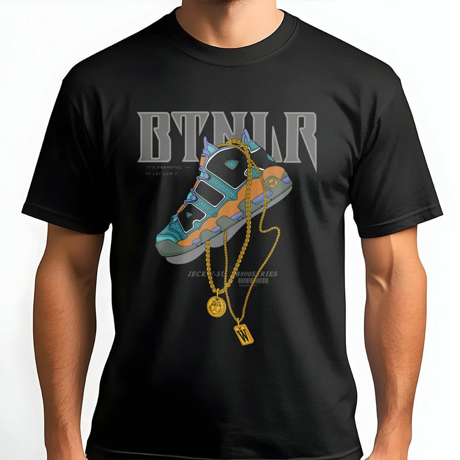 Streetwear Graphic T-Shirt | High-Top Sneaker & Gold Chain Print | Premium Cotton Crewneck | Urban Fashion Gift for Sneakerheads